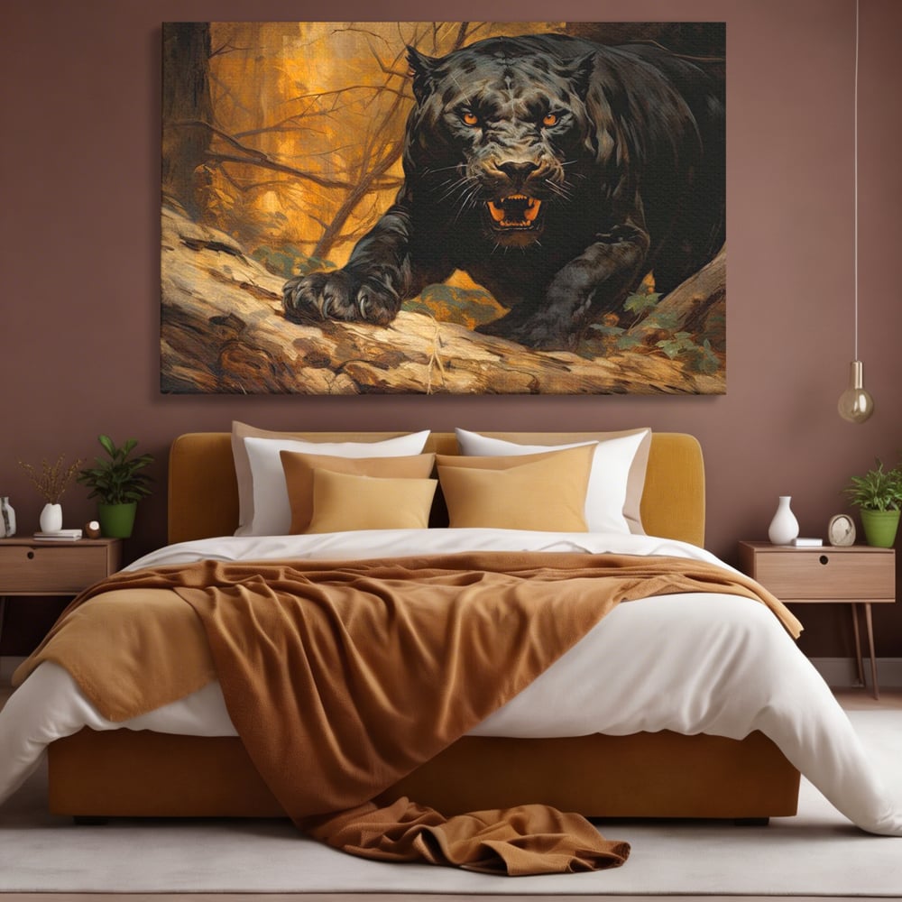 Tablou canvas cu tablou canvas cu pantera neagra furioasa, fara rama, pe sasiu de lemn, pe perete intr-un dormitor